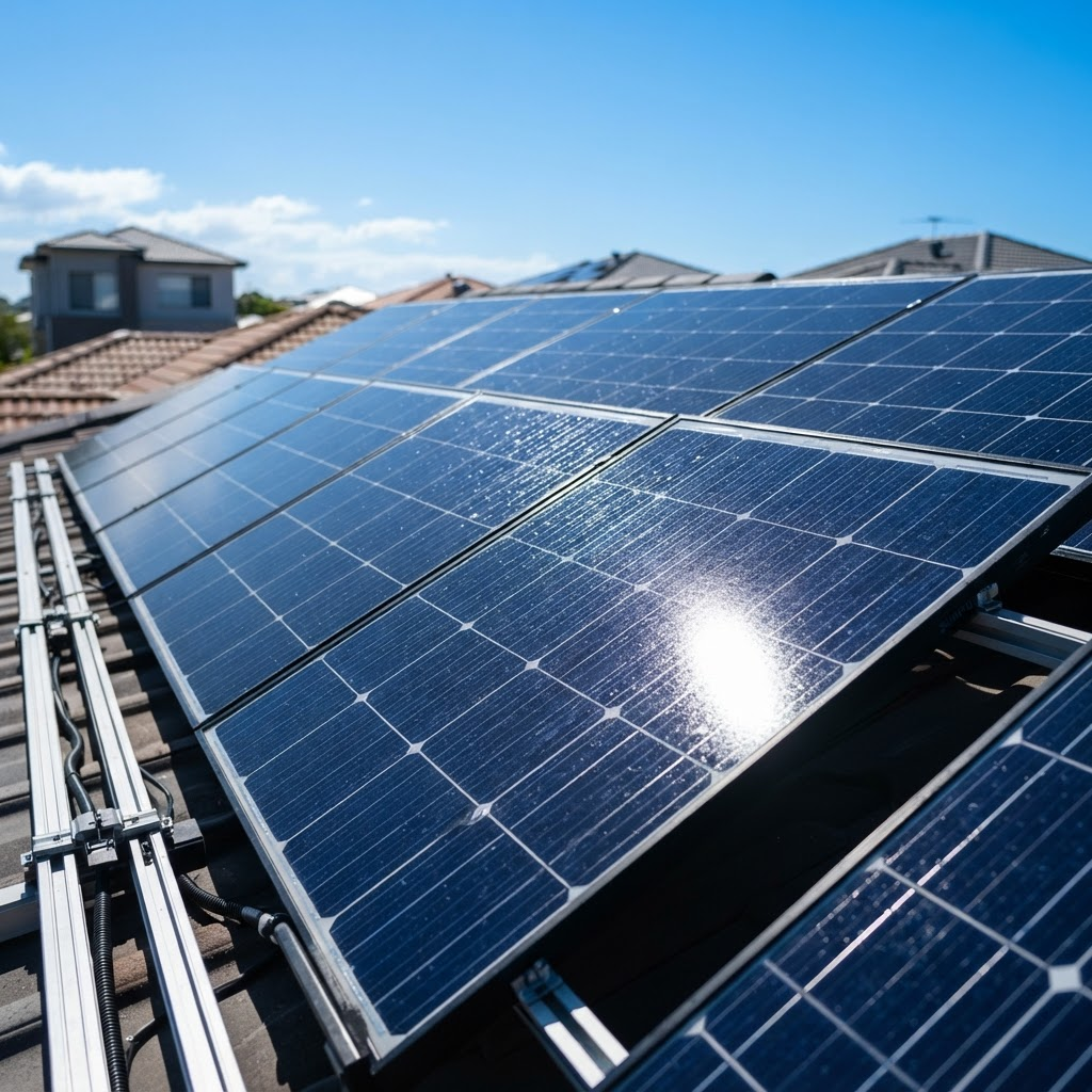 Close-up of rooftop solar panels reflecting the sky
